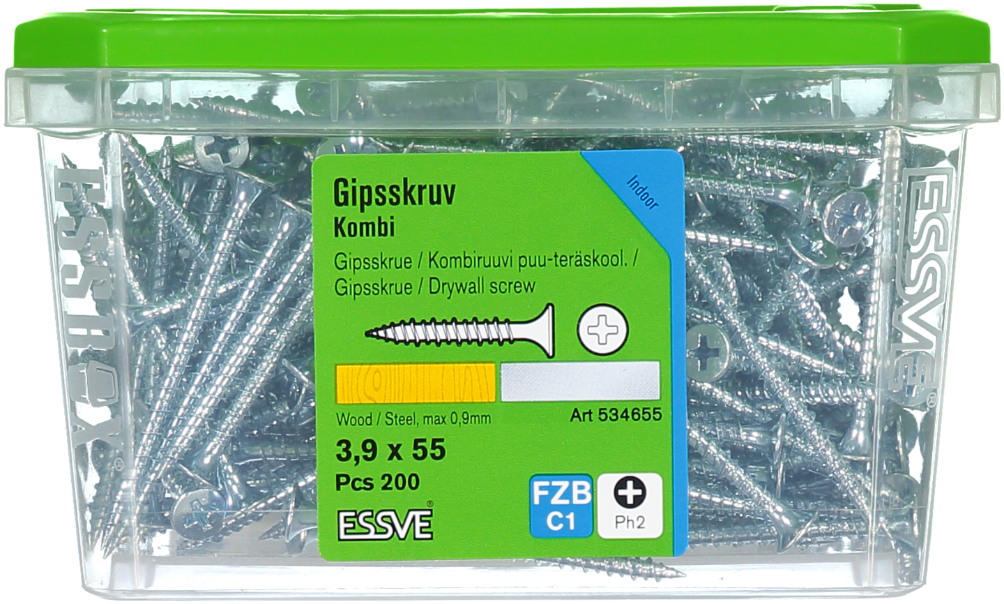 GIPSSKRUV KOMBI PH2 FZB 3,9X55 TRÄ/STÅLREGEL 200ST
