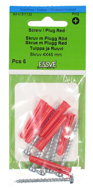 SKRUV ESSVE MED PLASTPLUGG RÖD 4,2X45 6ST
