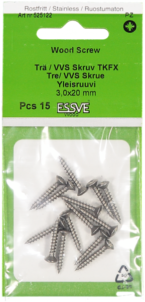 VVS ESSVE SKRUV KULLERFÖRSÄNKT ROSTFRI A2 3,0X20