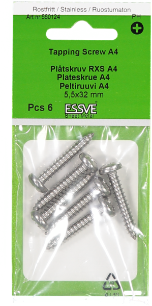 PLÅTSKRUV ESSVE RUND SKALLE ROSTFRI SYRAFAST A4 5,5X32 6ST