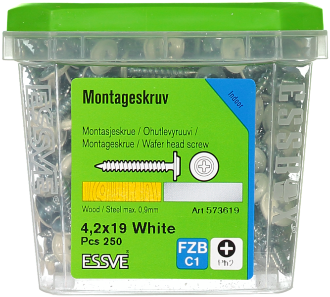 MONTAGESKRUV ESSVE MED VASS SPETS PH2 VITLACKERAD 4,2X19 250ST