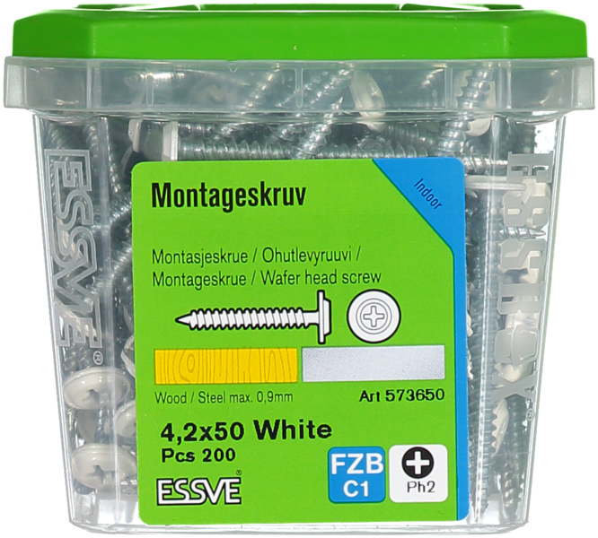 MONTAGESKRUV ESSVE MED VASS SPETS PH2 VITLACKERAD 4,2X50 200ST