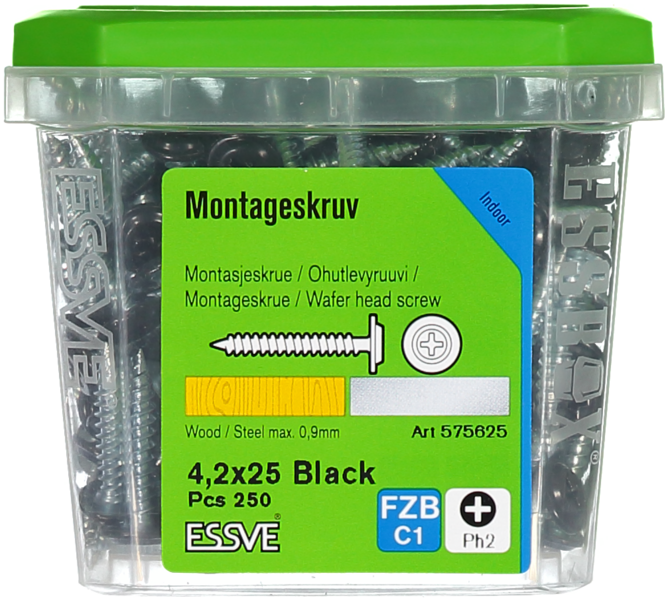 MONTAGESKRUV ESSVE MED VASS SPETS PH2 SVARTLACKERAD 4,2X25 250ST