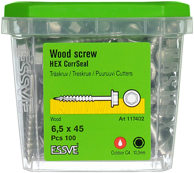 TRÄSKRUV ESSVE HEX UTV 6,5X45 100ST 10MM