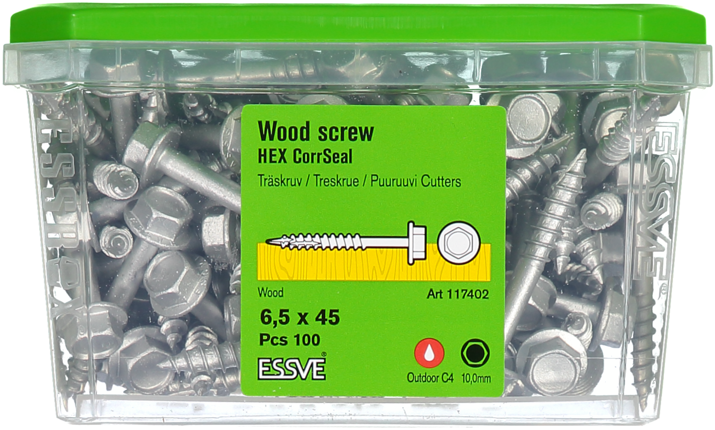 TRÄSKRUV ESSVE HEX UTV 6,5X45 100ST 10MM