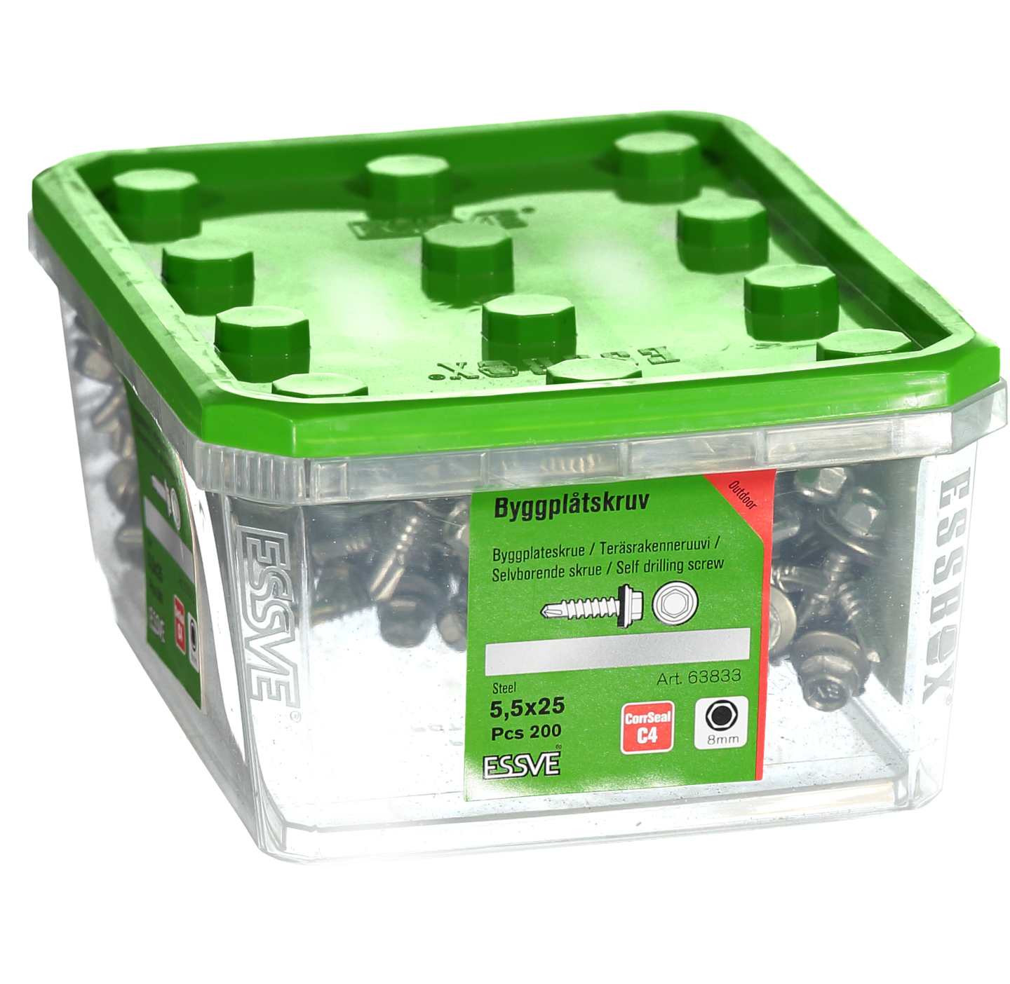 BYGGPLÅTSKRUV ESSVE CORRSEAL BORRSP SEXKANTS A2 BRICKA 5,5X25 200