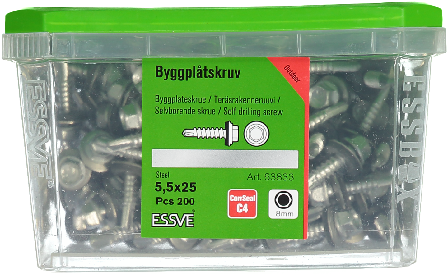 BYGGPLÅTSKRUV ESSVE CORRSEAL BORRSP SEXKANTS A2 BRICKA 5,5X25 200