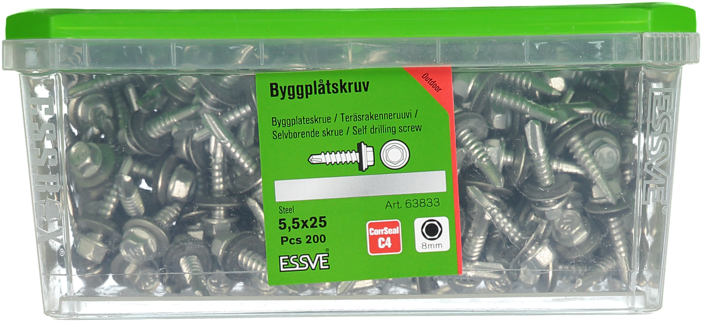 BYGGPLÅTSKRUV ESSVE CORRSEAL BORRSP SEXKANTS A2 BRICKA 5,5X25 200
