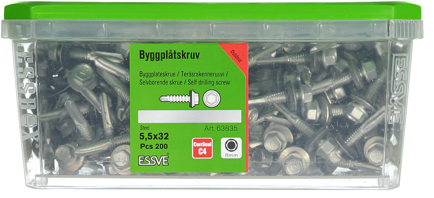 BYGGPLÅTSKRUV ESSVE CORRSEAL BORRSP SEXKANTS A2 BRICKA 5,5X32 200