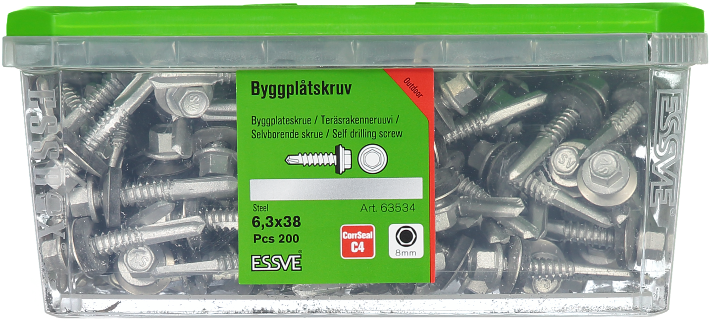 BYGGPLÅTSKRUV ESSVE CORRSEAL BORRSP SEXKANTS RFR BRI 6,3X38 200