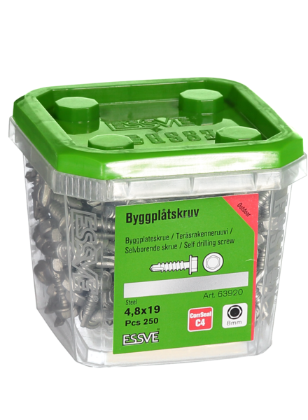 BYGGPLÅTSKRUV ESSVE CORRSEAL BORRSP SEXKANTSHUVUD 4,8X19 250ST