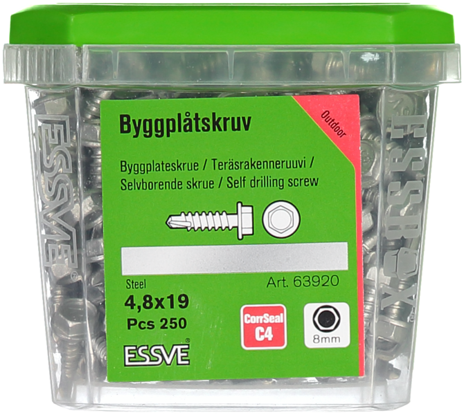 BYGGPLÅTSKRUV ESSVE CORRSEAL BORRSP SEXKANTSHUVUD 4,8X19 250ST