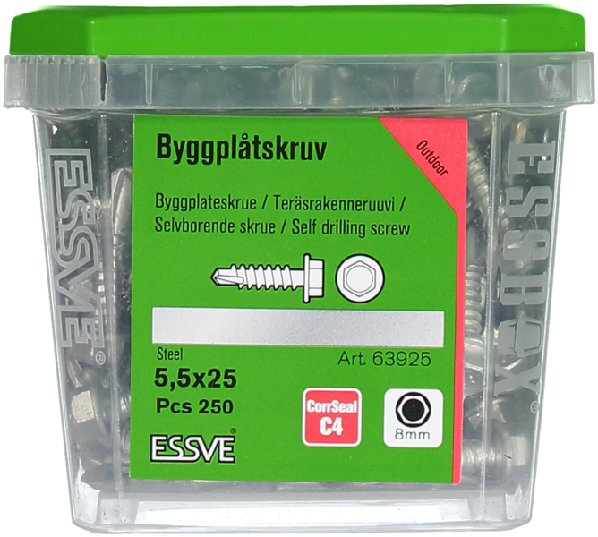 BYGGPLÅTSKRUV ESSVE CORRSEAL BORRSP SEXKANTSHUVUD 5,5X25 250ST