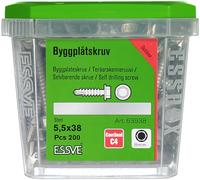 BYGGPLÅTSKRUV ESSVE CORRSEAL BORRSP SEXKANTSHUVUD 5,5X38 200ST