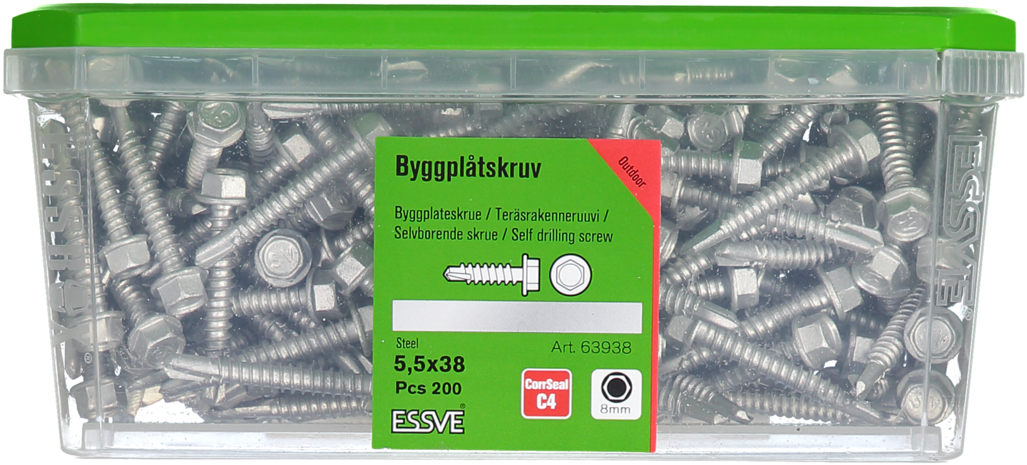 BYGGPLÅTSKRUV ESSVE CORRSEAL BORRSP SEXKANTSHUVUD 5,5X38 200ST
