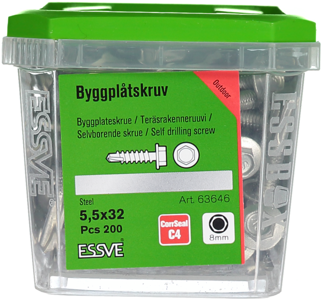BYGGPLÅTSKRUV ESSVE CORRSEAL BORRSP SEXKANTSHUVUD FLÄNS 5,5X32 200