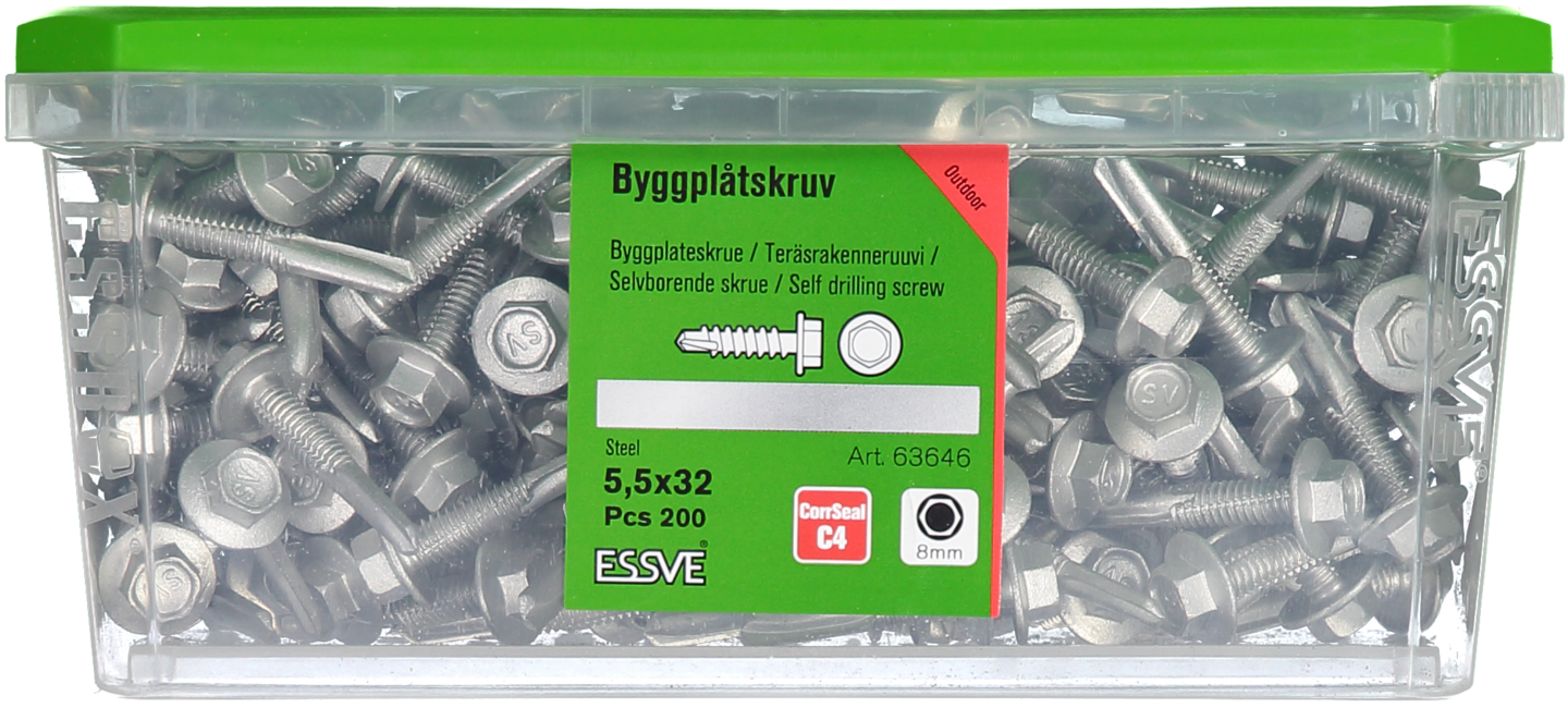 BYGGPLÅTSKRUV ESSVE CORRSEAL BORRSP SEXKANTSHUVUD FLÄNS 5,5X32 200