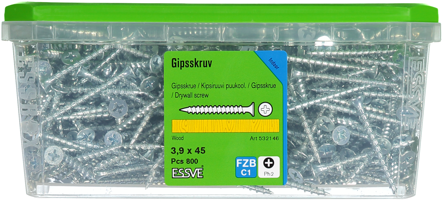 GIPSSKRUV ESSVE FÖR TRÄREGEL PH2 FZB 3,9X45 800ST