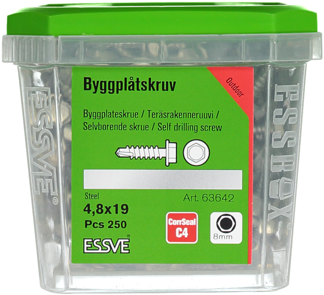 BYGGPLÅTSKRUV ESSVE CORRSEAL BORRSP SEXKANTSHUVUD FLÄNS 4,8X19 250
