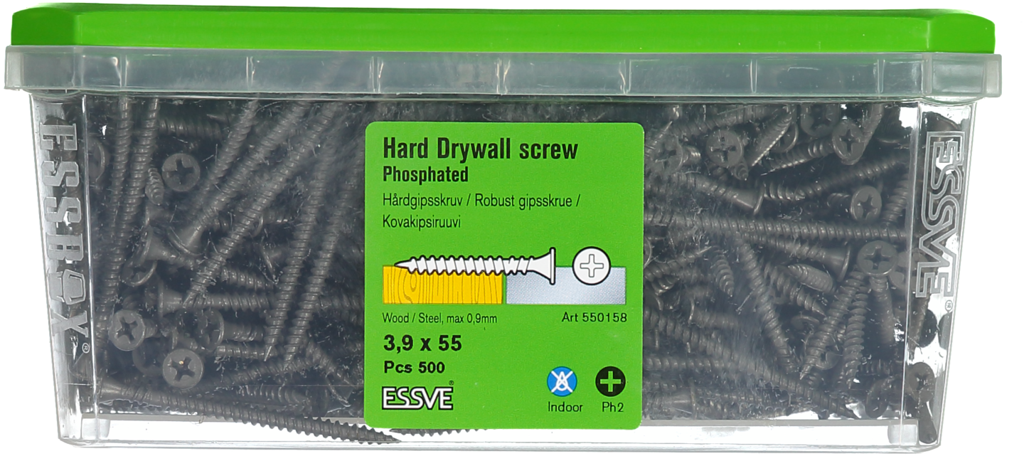 HÅRDGIPSSKRUV ESSVE F TRÄ/STÅLREGEL PH2 FOSFATERAD 3,9X55 500ST