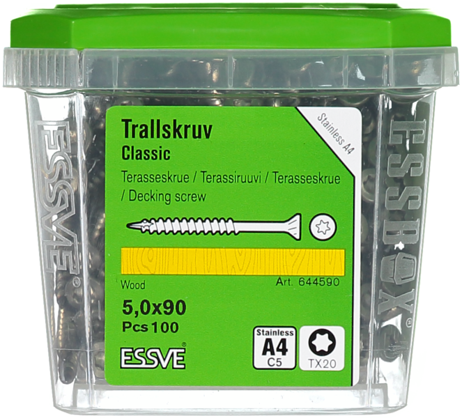 TRALLSKRUV ESSVE TX20 ROSTFRI SYRAF A4 FIBERCUT 5,0X90 100