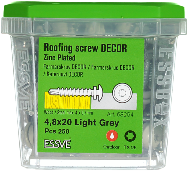 FARMARSKRUV ESSVE DECOR BS LJUSGRÅ RAL 7035 TX25 FZB 4,8X20 250ST