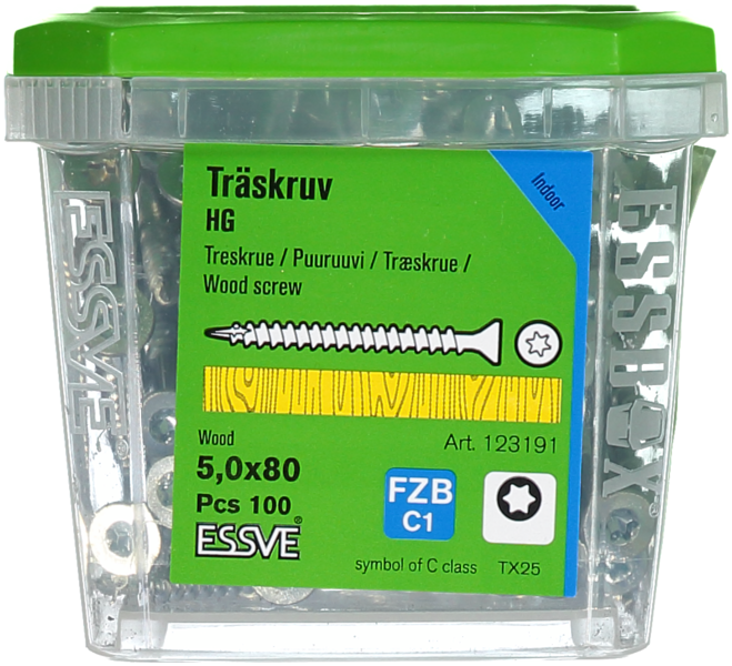 TRÄSKRUV ESSVE FÖRSÄNKT HUVUD TX25 HELGÄNGAD FZB 5,0X80 100ST