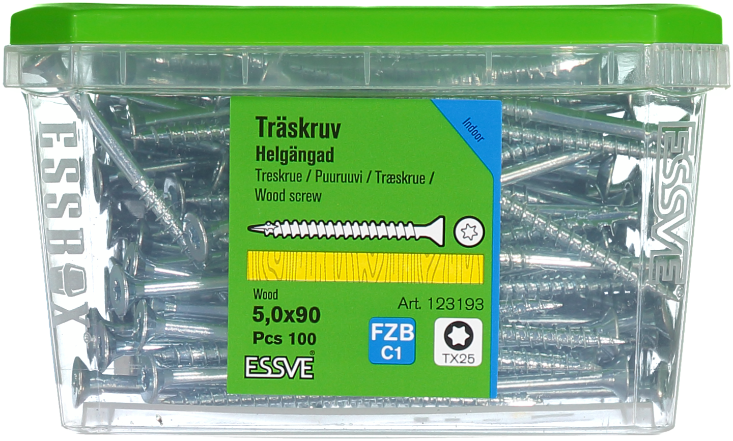 TRÄSKRUV ESSVE FÖRSÄNKT HUVUD TX25 HELGÄNGAD FZB 5,0X90 100ST