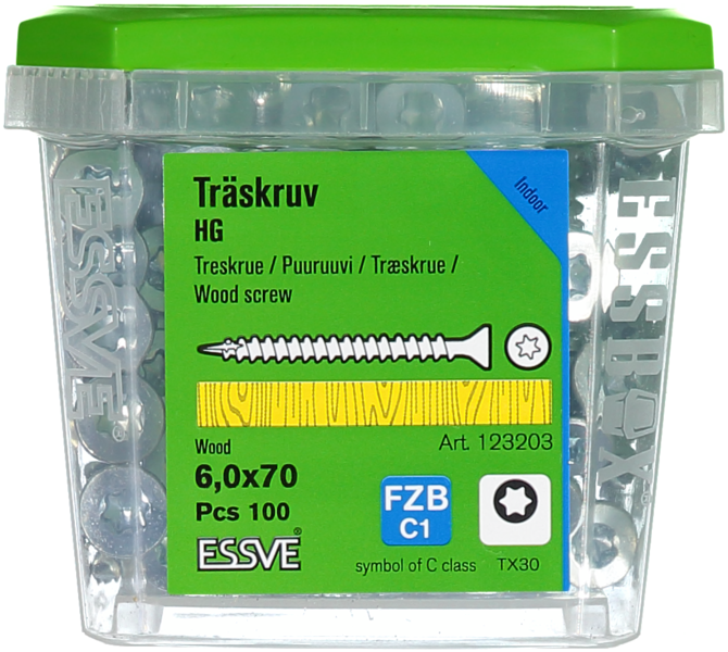 TRÄSKRUV ESSVE FÖRSÄNKT HUVUD TX30 HELGÄNGAD FZB 6,0X70 100ST