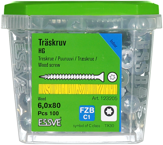 TRÄSKRUV ESSVE FÖRSÄNKT HUVUD TX30 HELGÄNGAD FZB 6,0X80 100ST