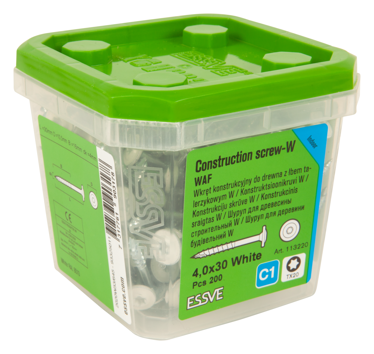 KONSTRUKTIONSSKRUV WAF 4,0X30 TX30 FZB+ VIT RAL9010 200ST