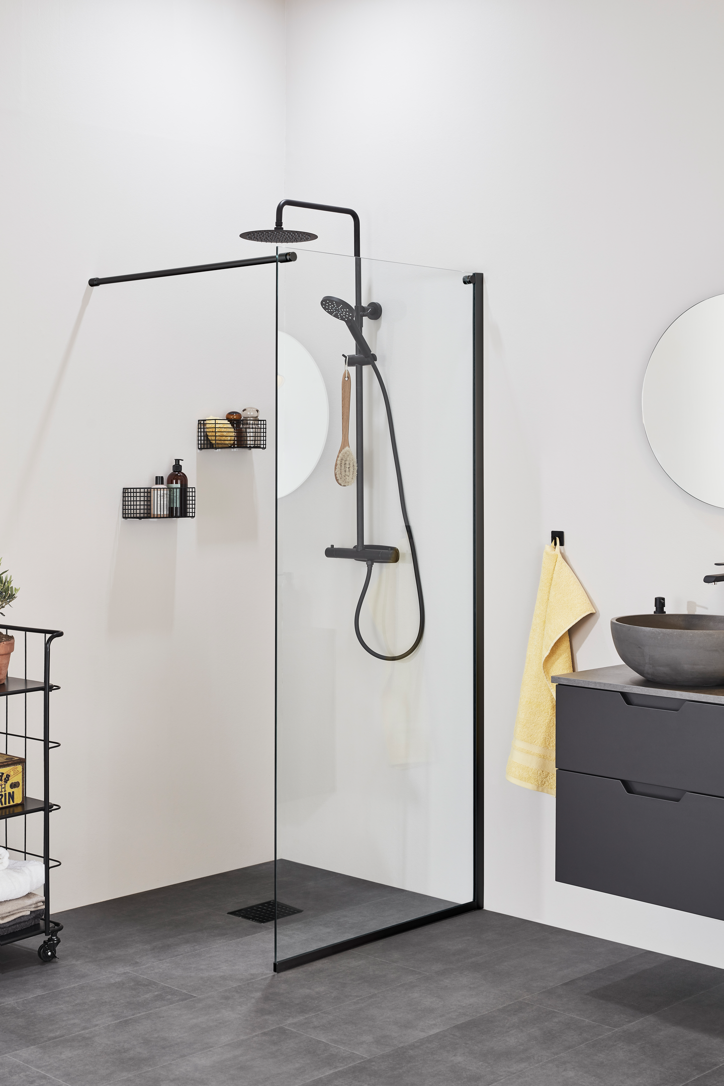 DUSCHVÄGG NORO FROST DV 70 SVART, KLARGLAS