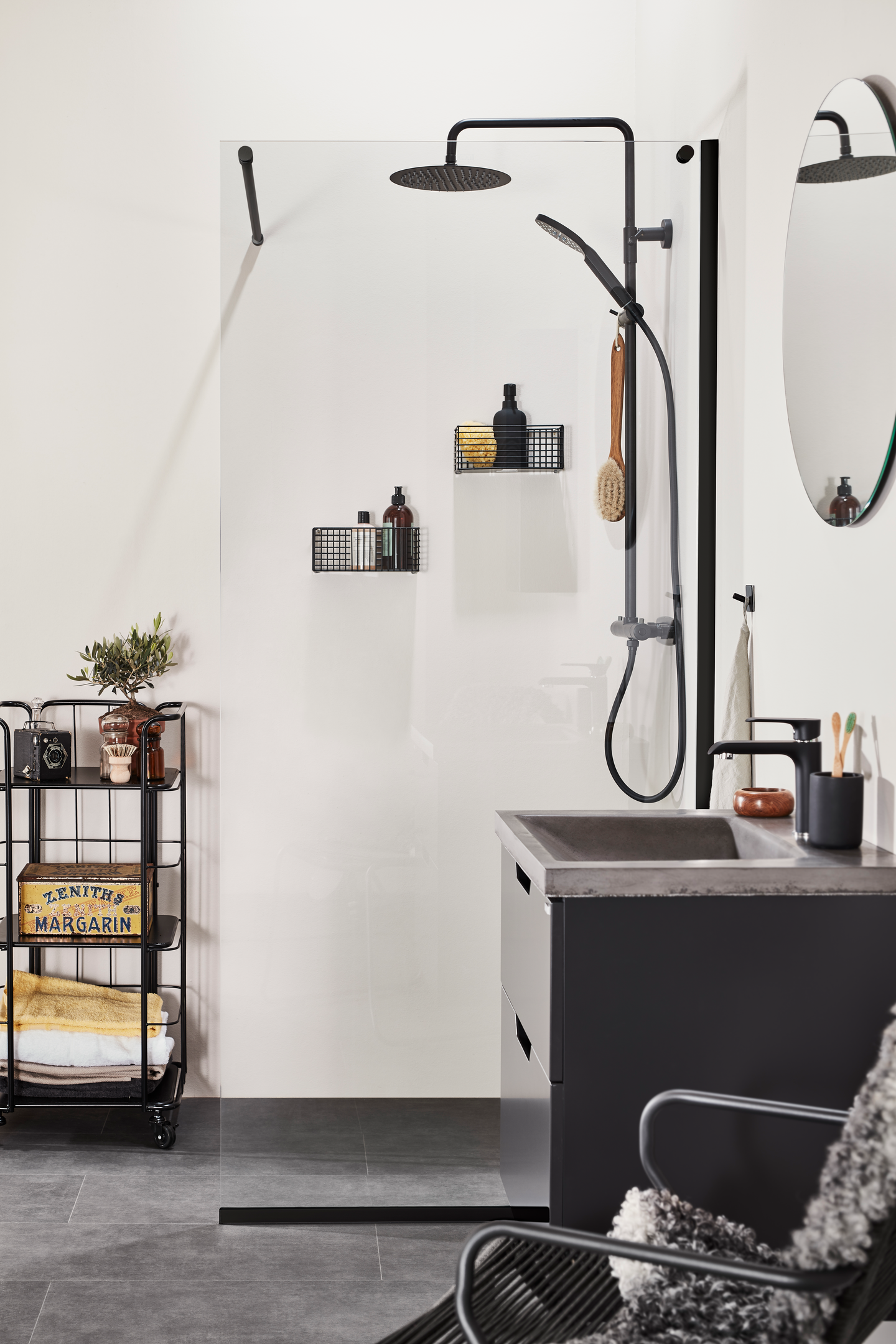 DUSCHVÄGG NORO FROST DV 70 SVART, KLARGLAS