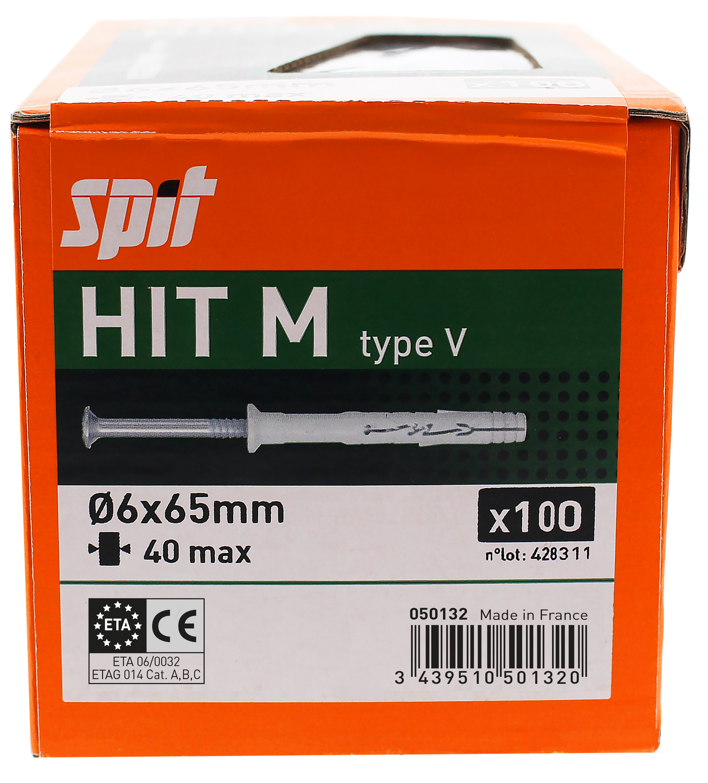 Naulatulppa SPIT HIT M 6x65/40V uppokanta ZN 100kpl