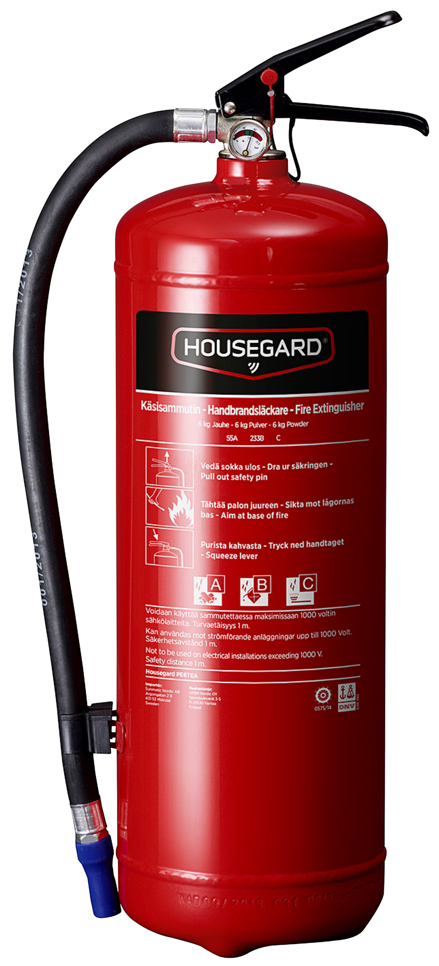 Jauhesammutin Housegard 2kg 13A 89B C sisältää letku, hihna ja teline