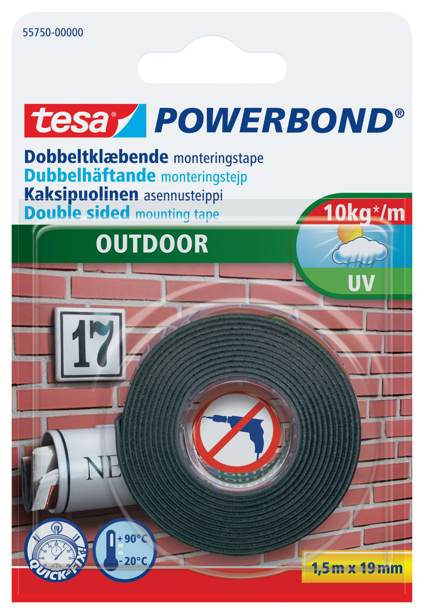 DUBBELHÄFTANDE TEJP 19MM 1,5M TESA 55750 UTOMHUS