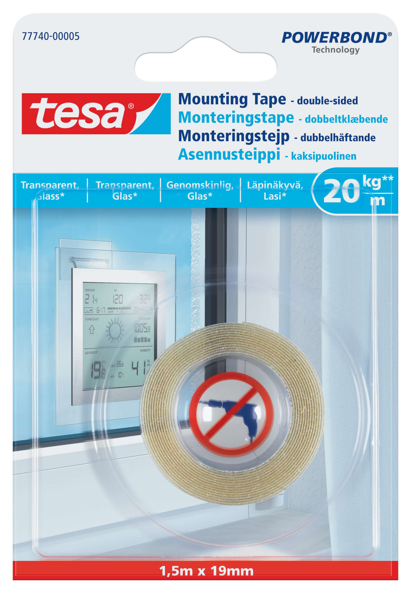 MONTERINGSTEJP TESA TRANSP 19MM, 1,5M 20KG