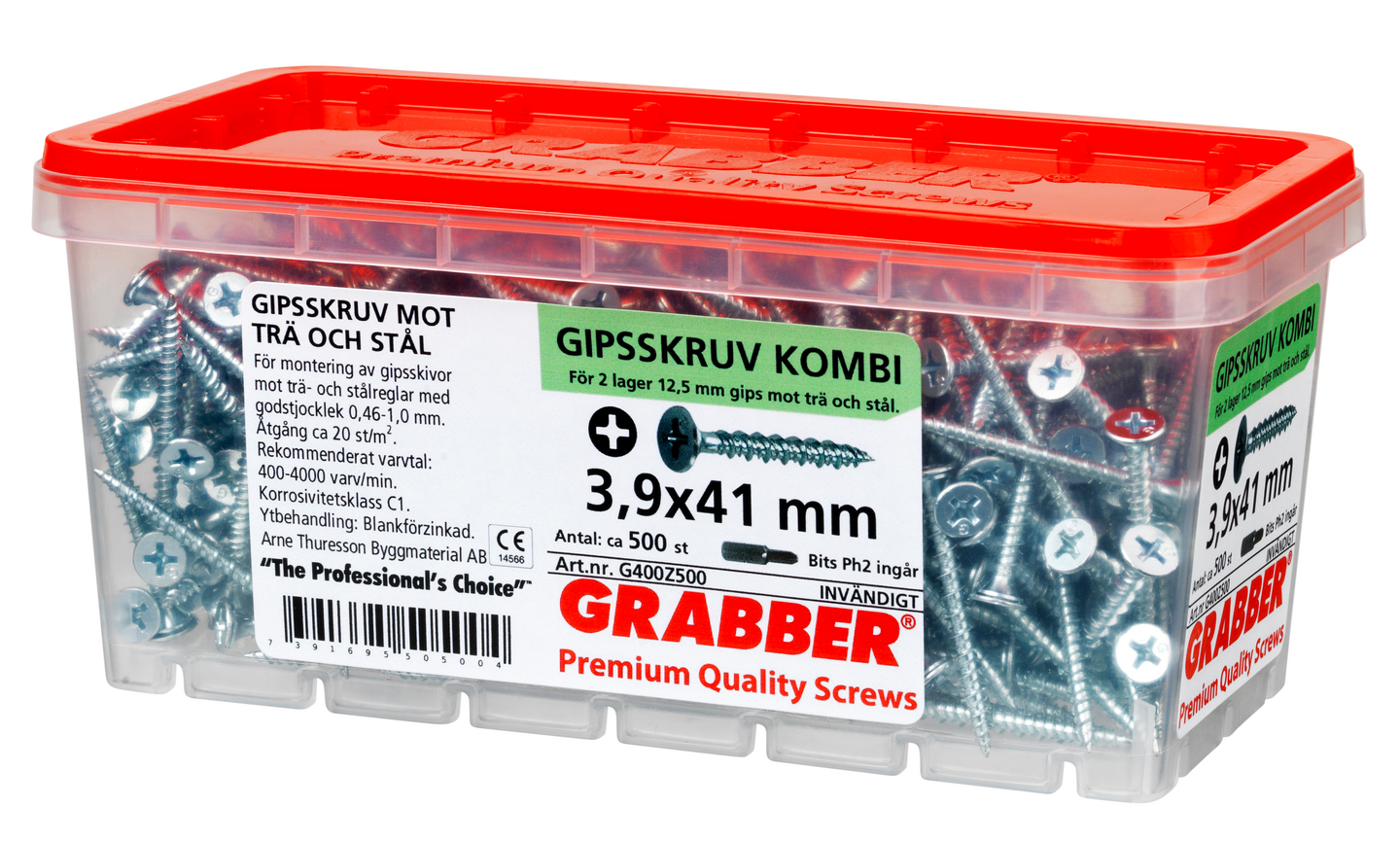 GIPSSKRUV 2LAG GRABBER FZB BITS PH2 3,9X41MM 500ST