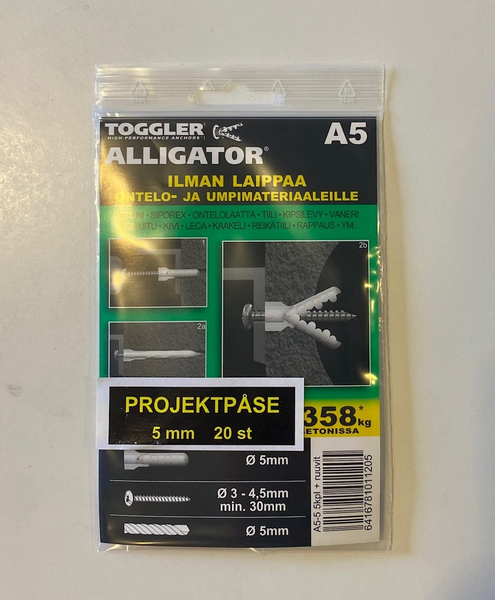 Tulppa Toggler Alligator A5 5mm laipaton + ruuvit 5kpl