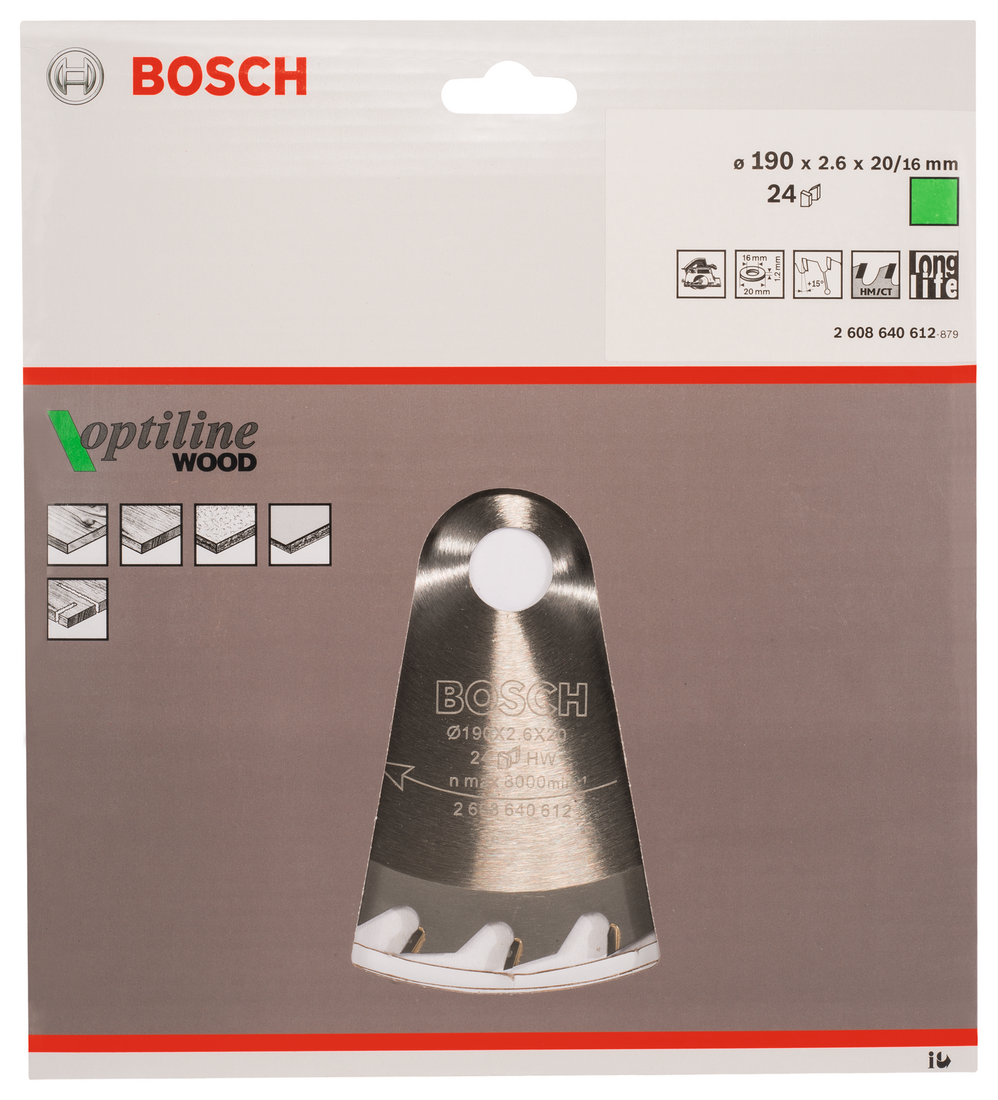 Pyörösahanterä Bosch Optiline Wood 190x20/16x2,6mm Z24