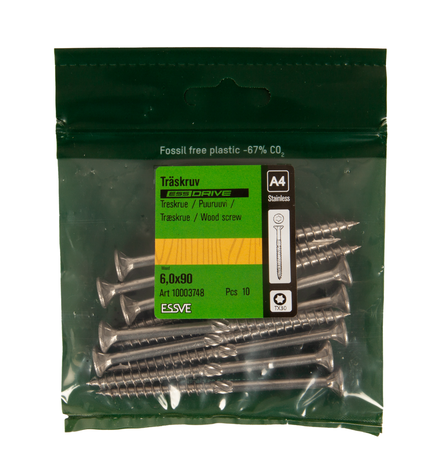 TRÄSKRUV ESSDRIVE FÖRSÄNKT HUVUD ROSTFRI A4 6,0X90 10ST
