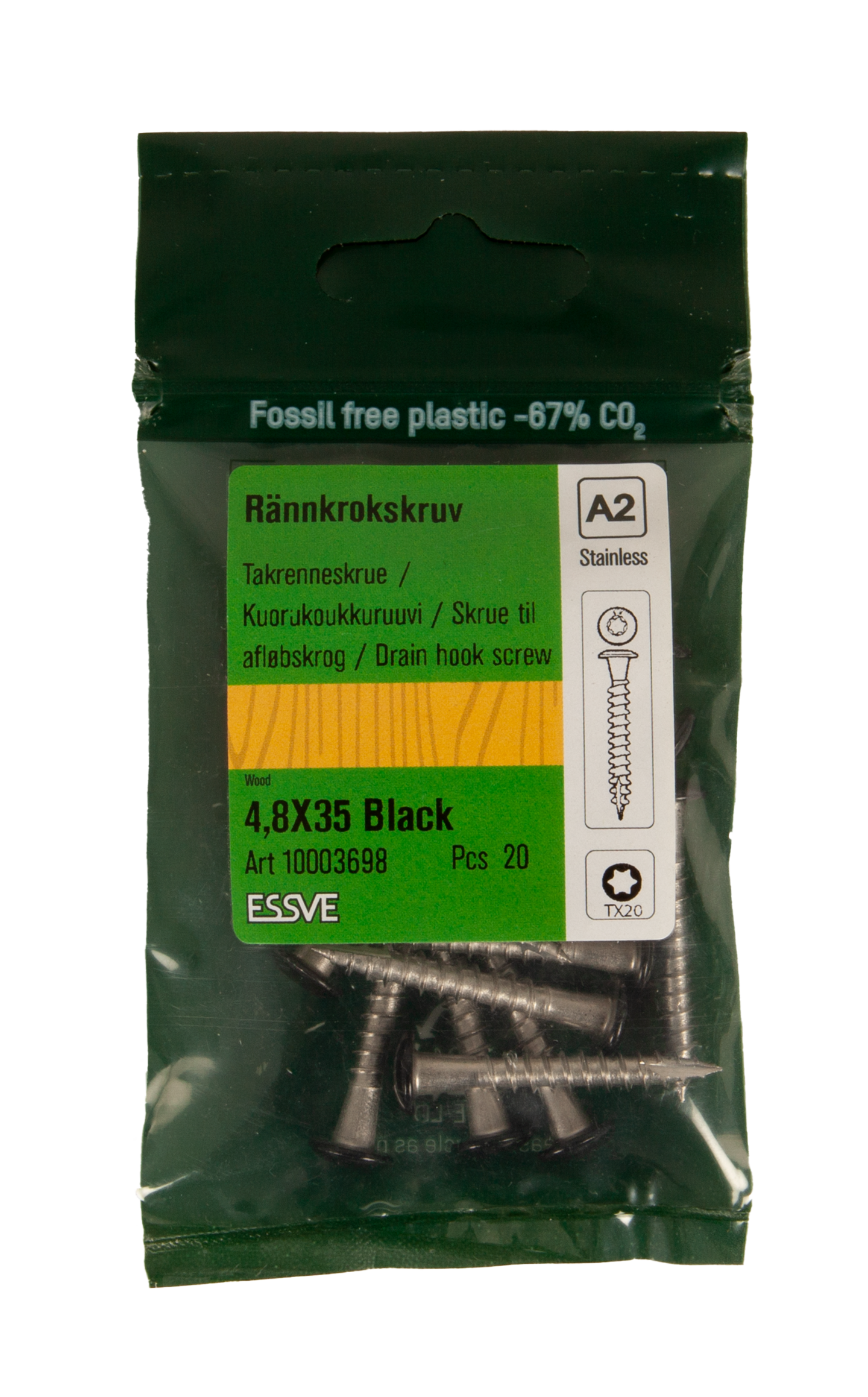 RÄNNKROKSKRUV ESSVE ROSTFRI A2 SVART RAL9011 TX20 4,8X35 20ST