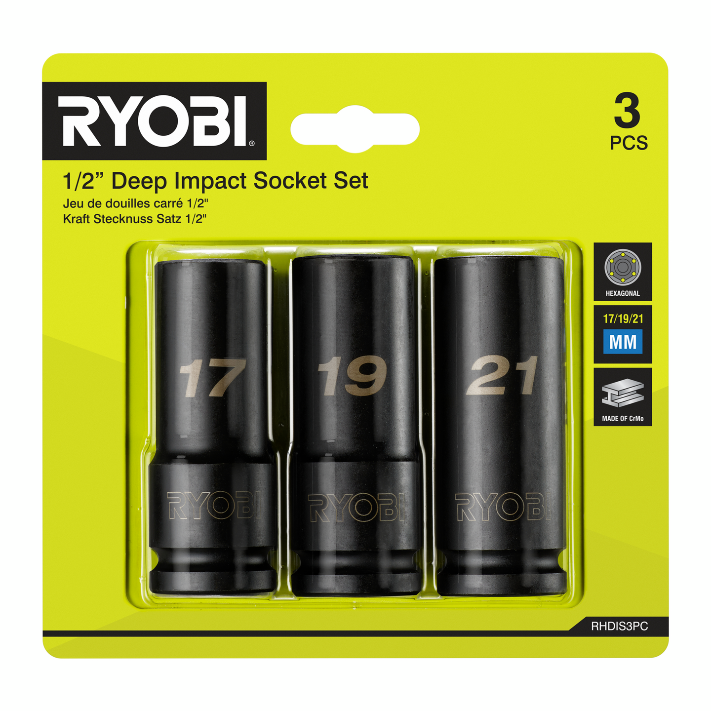 Renkaanvaihtohylsyt Ryobi RHDIS3PC 17/19/21mm