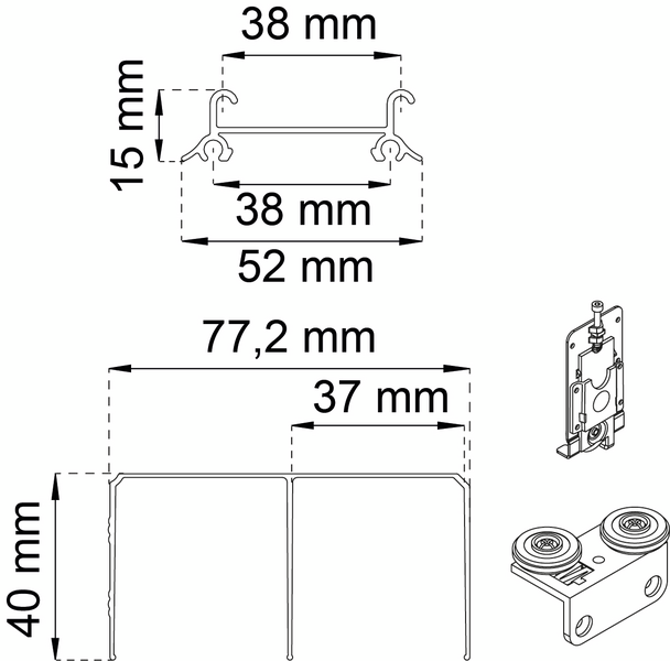 SKJUTDÖRRSBESLAG HABO K-50 KOM 2M, GALV MAX 50KG/19MM 63-120CM 3D