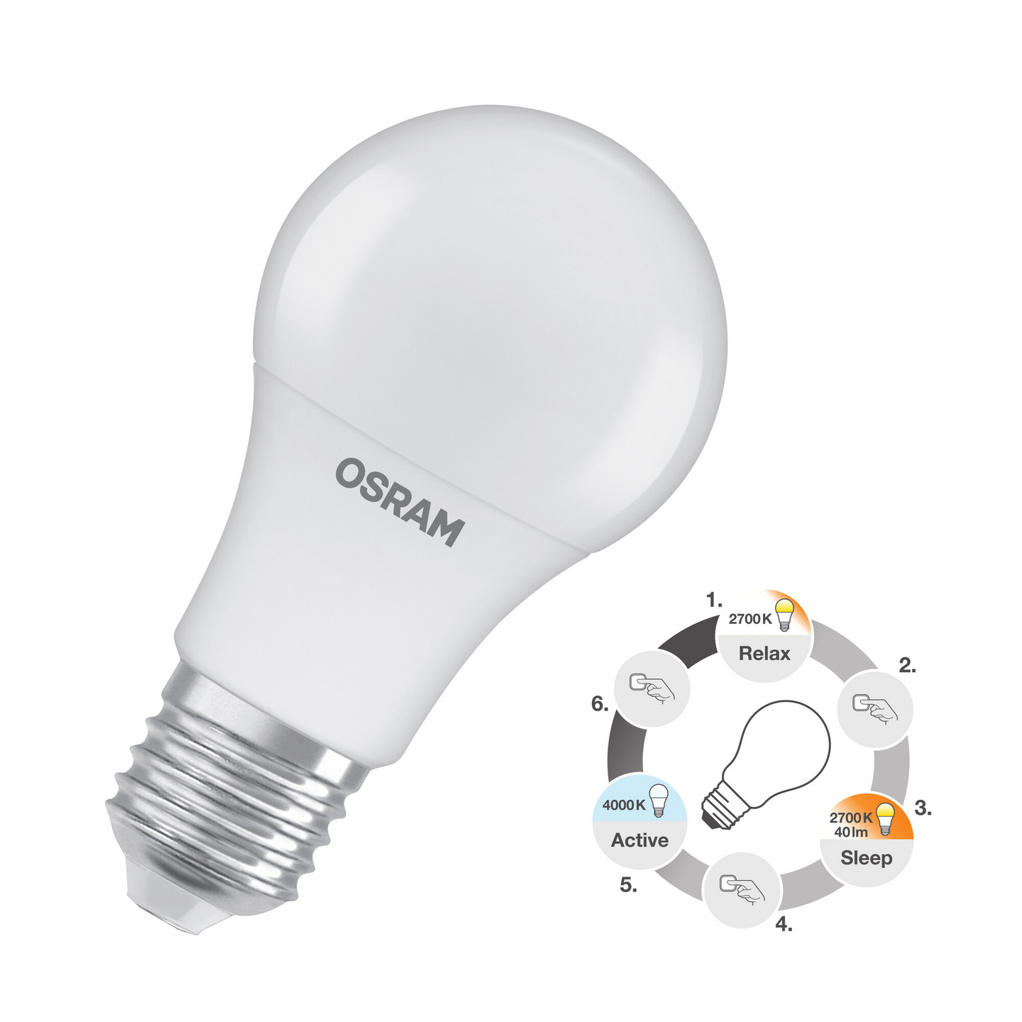 Led-vakiolamppu OSRAM Active/Relax/Sleep CLA E27 806lm 2700/4000K muovi