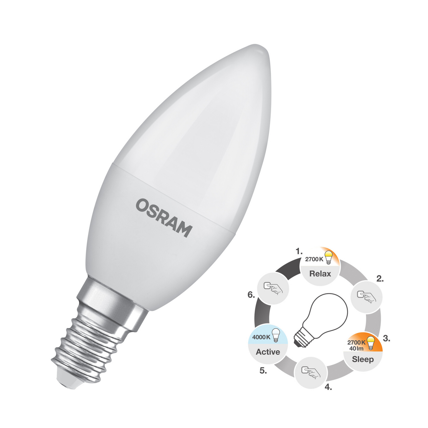 Led-kynttilälamppu OSRAM Active/Relax/Sleep CLB E14 470lm 2700/4000K muovi
