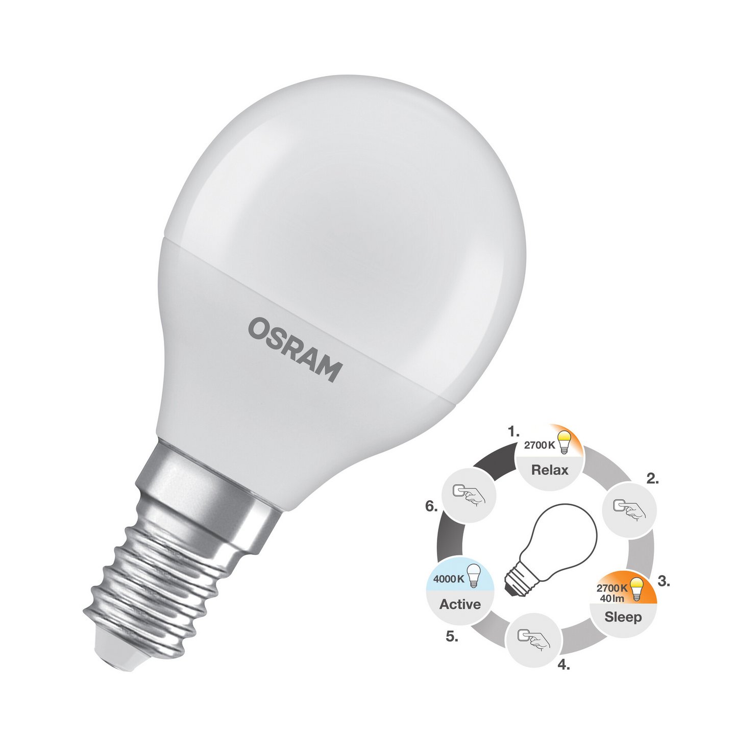 Led-pienkupulamppu OSRAM Active/Relax/Sleep CLP E14 470lm 2700/4000K muovi
