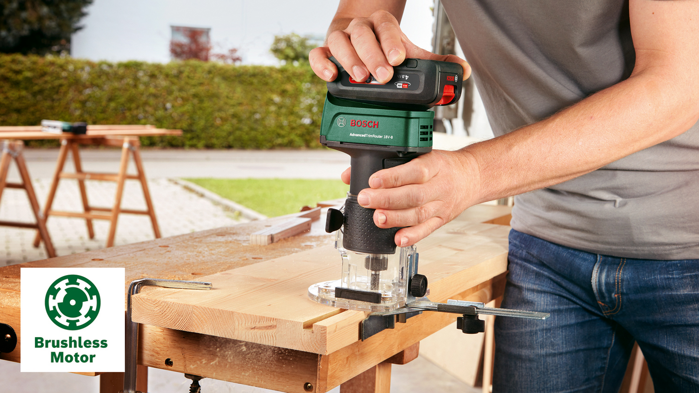 Akkujyrsin Bosch AdvancedTrimRouter 18V-8 runko setti