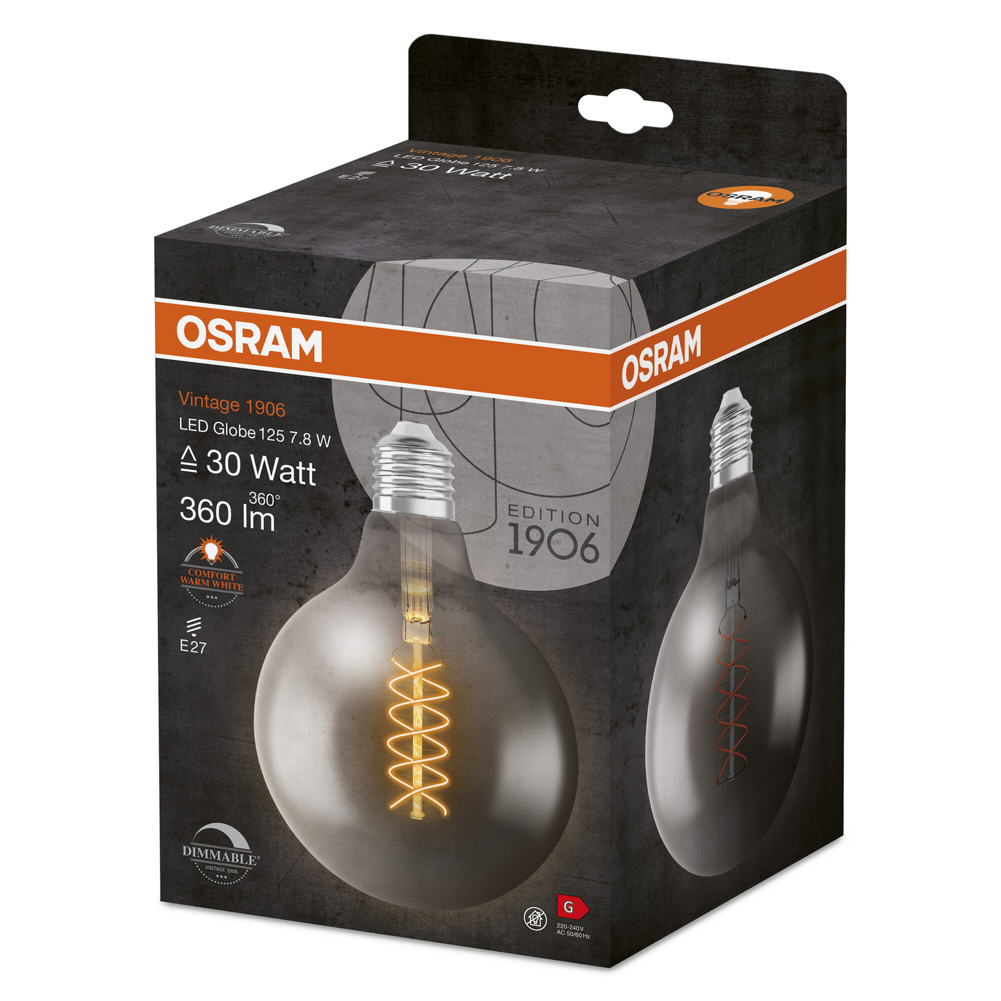 Led-sisustuslamppu OSRAM Vintage 1906 Globe 125mm 360lm E27 DIM harmaa sprilaari