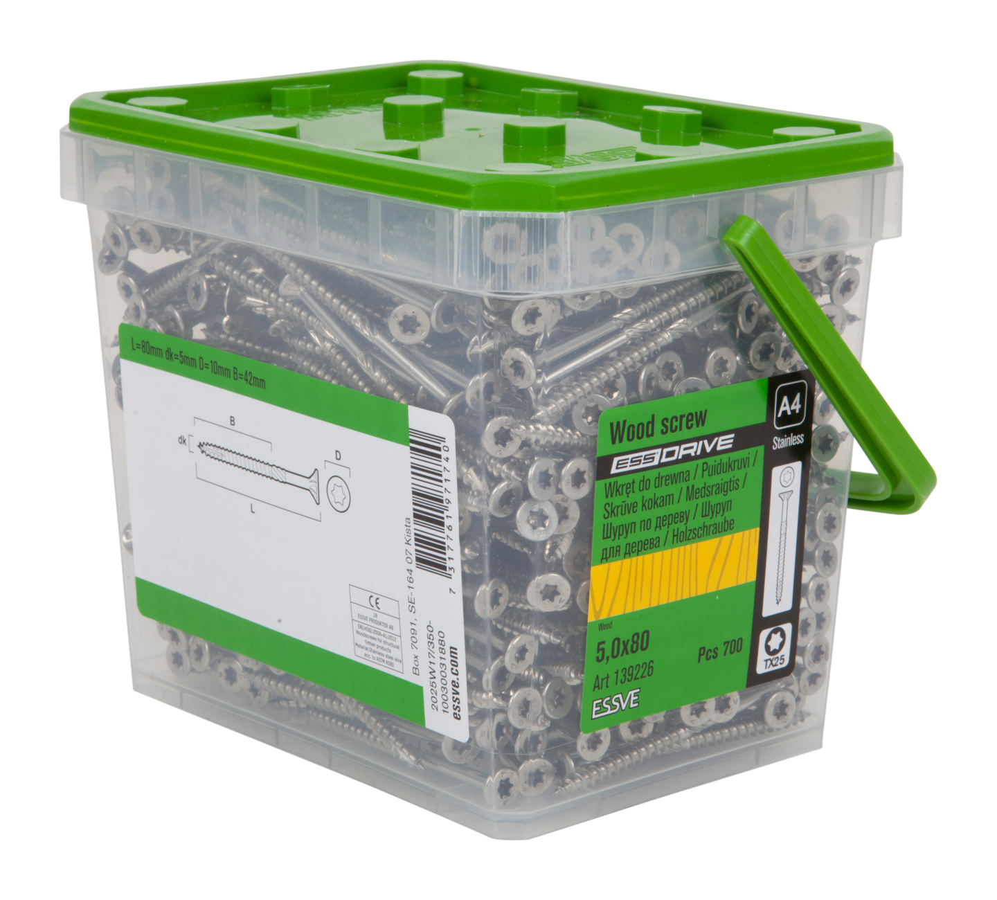 TRÄSKRUV ESSDRIVE FÖRSÄNKT HUVUD ROSTFRI A4 5,0X80 700ST